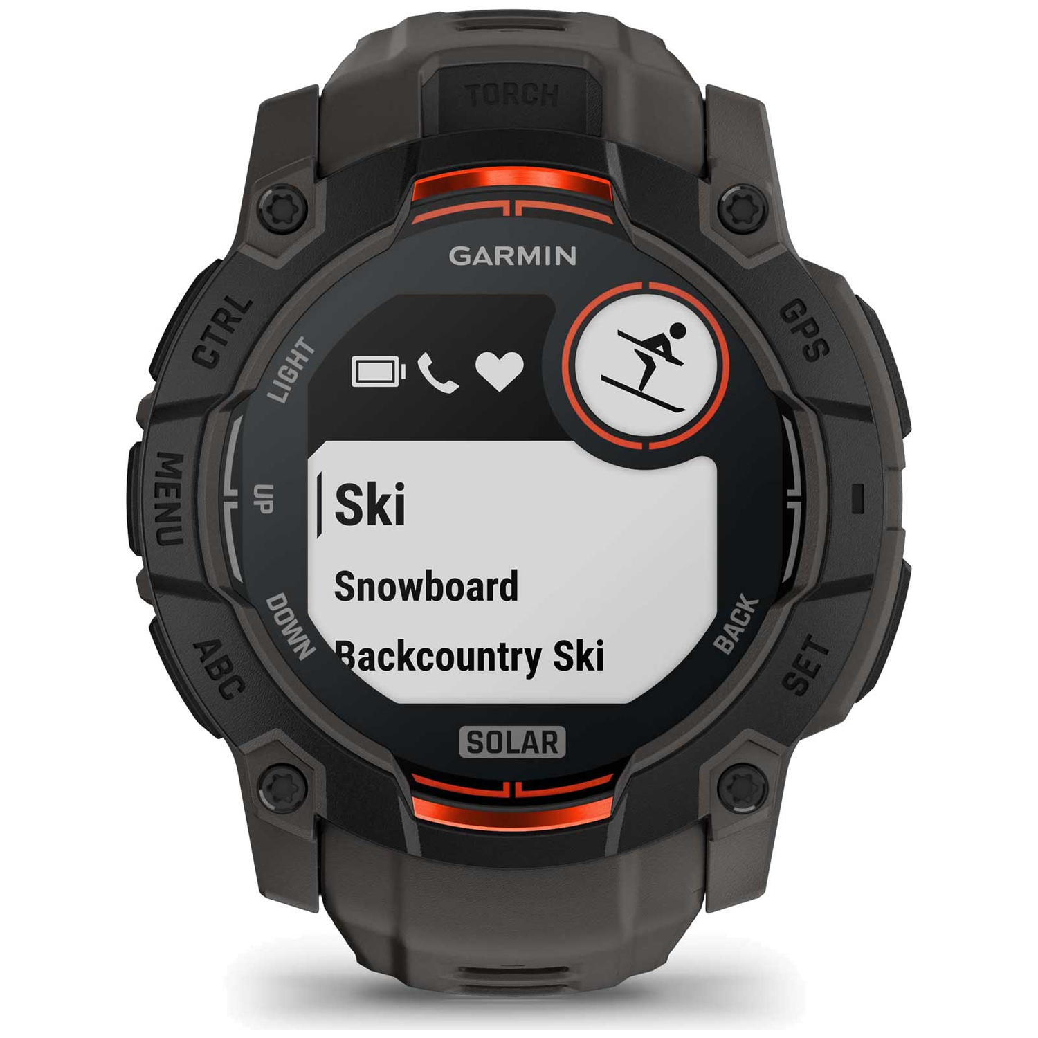 Een zwarte Garmin-horloge toont 'Ski', 'Snowboard', 'Backcountry Ski' opties. Het horloge heeft oranje accenten en meerdere knoppen.