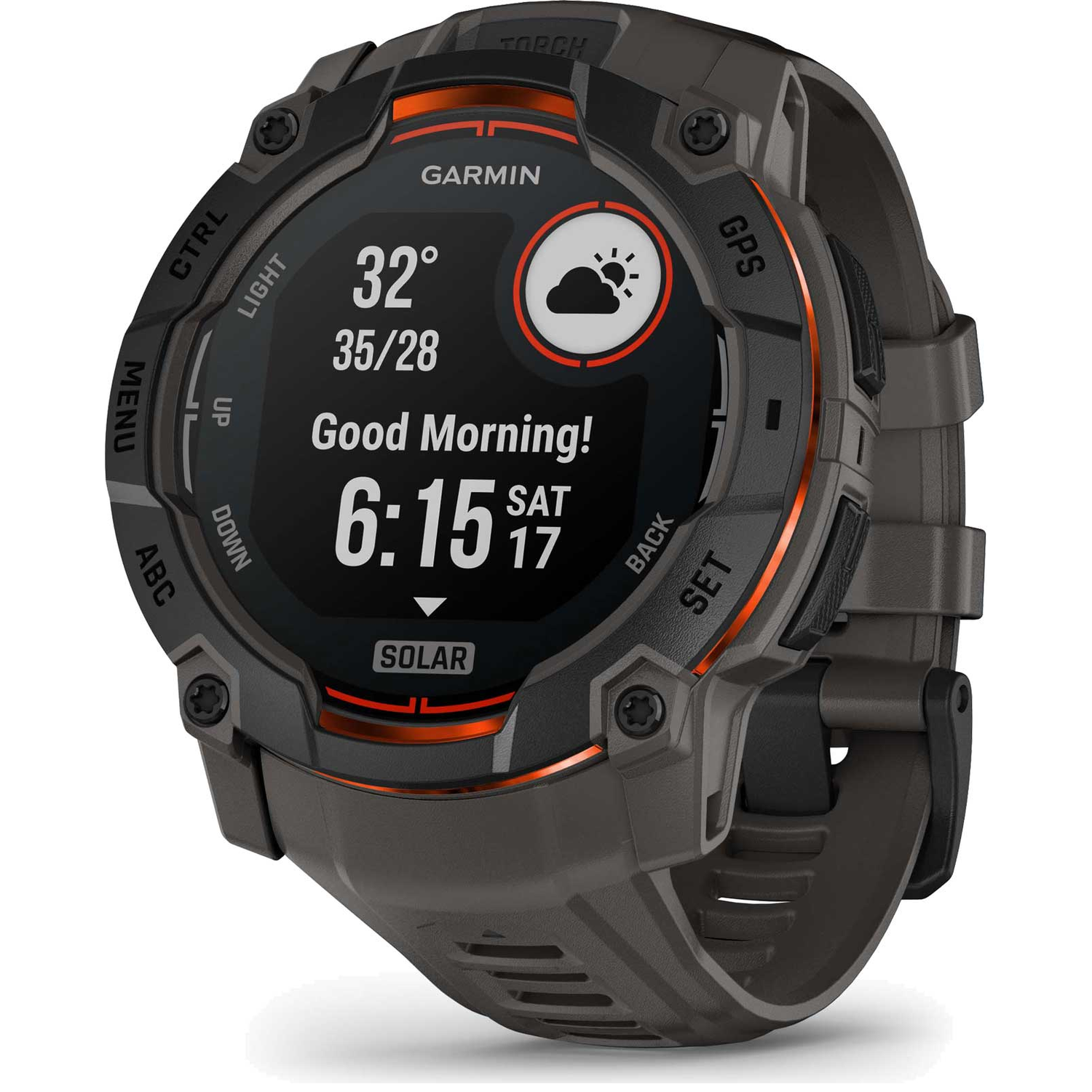 Een Garmin smartwatch met tijd, weer en temperatuur. Het heeft knoppen en een donkergrijze band met oranje accenten.