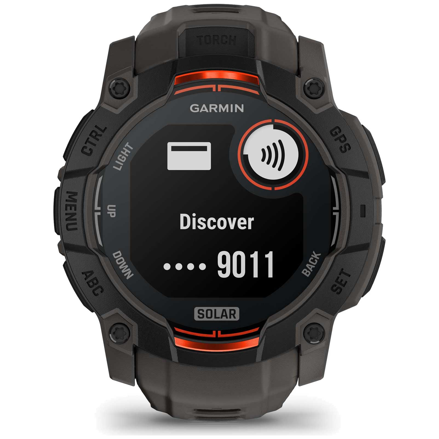 Een zwart Garmin-horloge toont 'Ontdekken' en '9011'. Het heeft knoppen en een scherm met een symbool voor draadloos betalen. Het horloge is grijs en zwart.