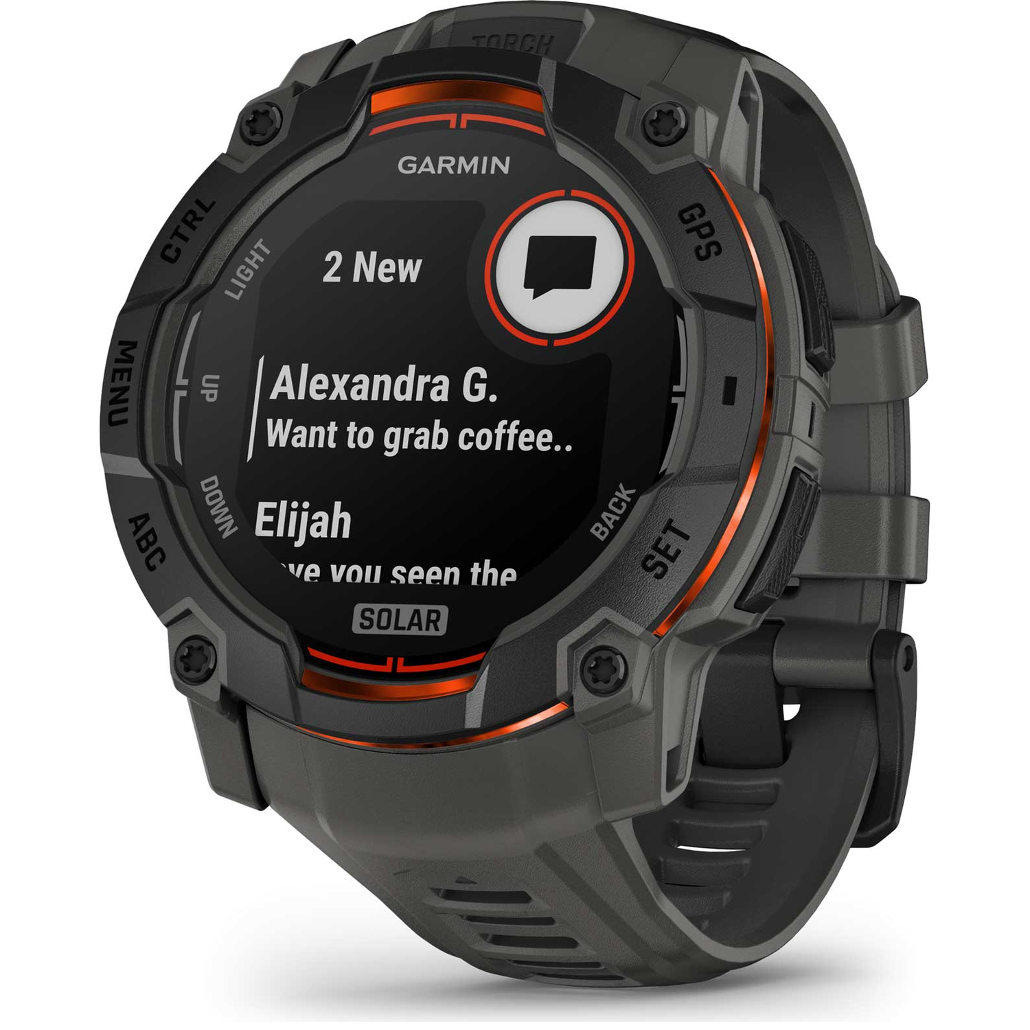 Een Garmin smartwatch toont een tekstberichtmelding. Het toont twee nieuwe berichten en een fragment van een gesprek. Het horloge is zwart en grijs.