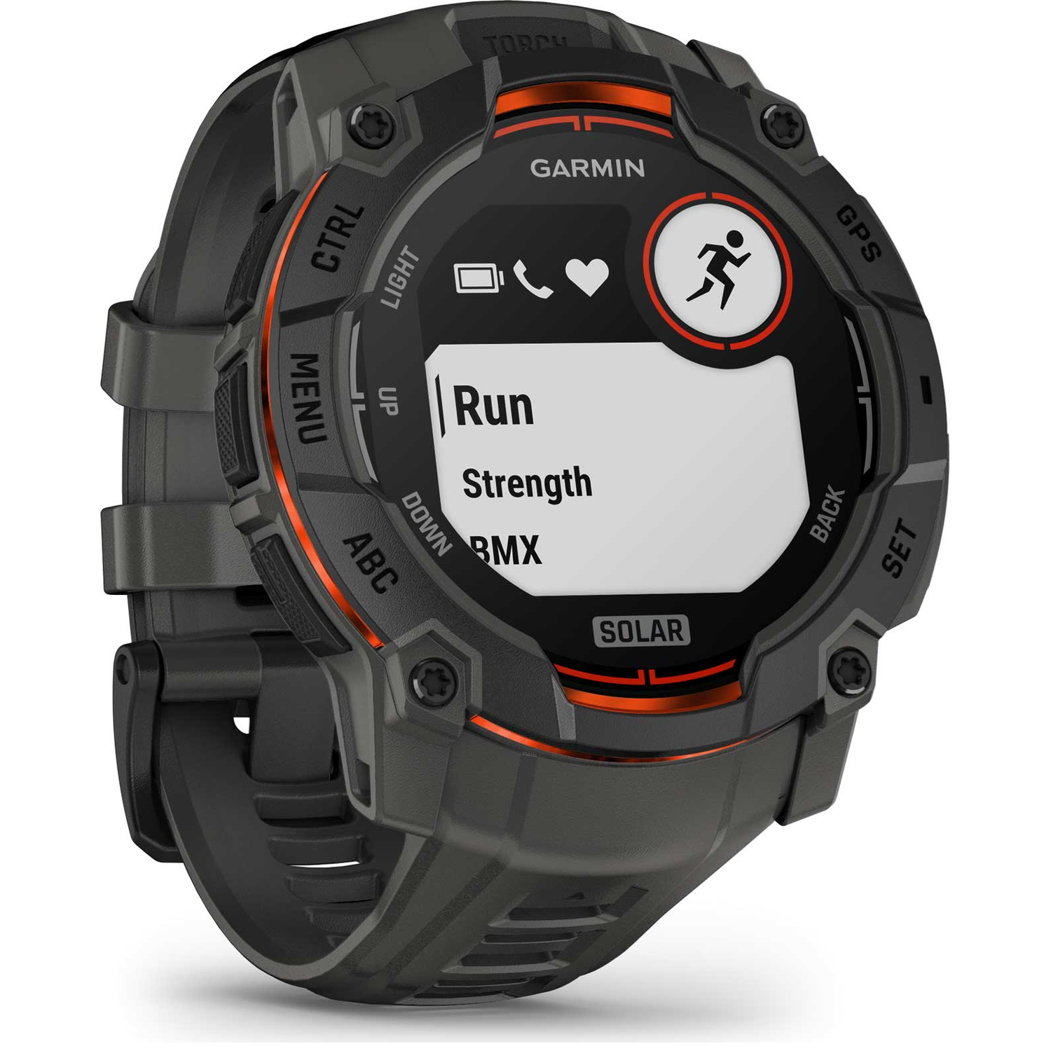 Zwarte Garmin smartwatch met oranje accenten, toont 'Run', 'Strength', 'BMX' en een hardloper icoon.
