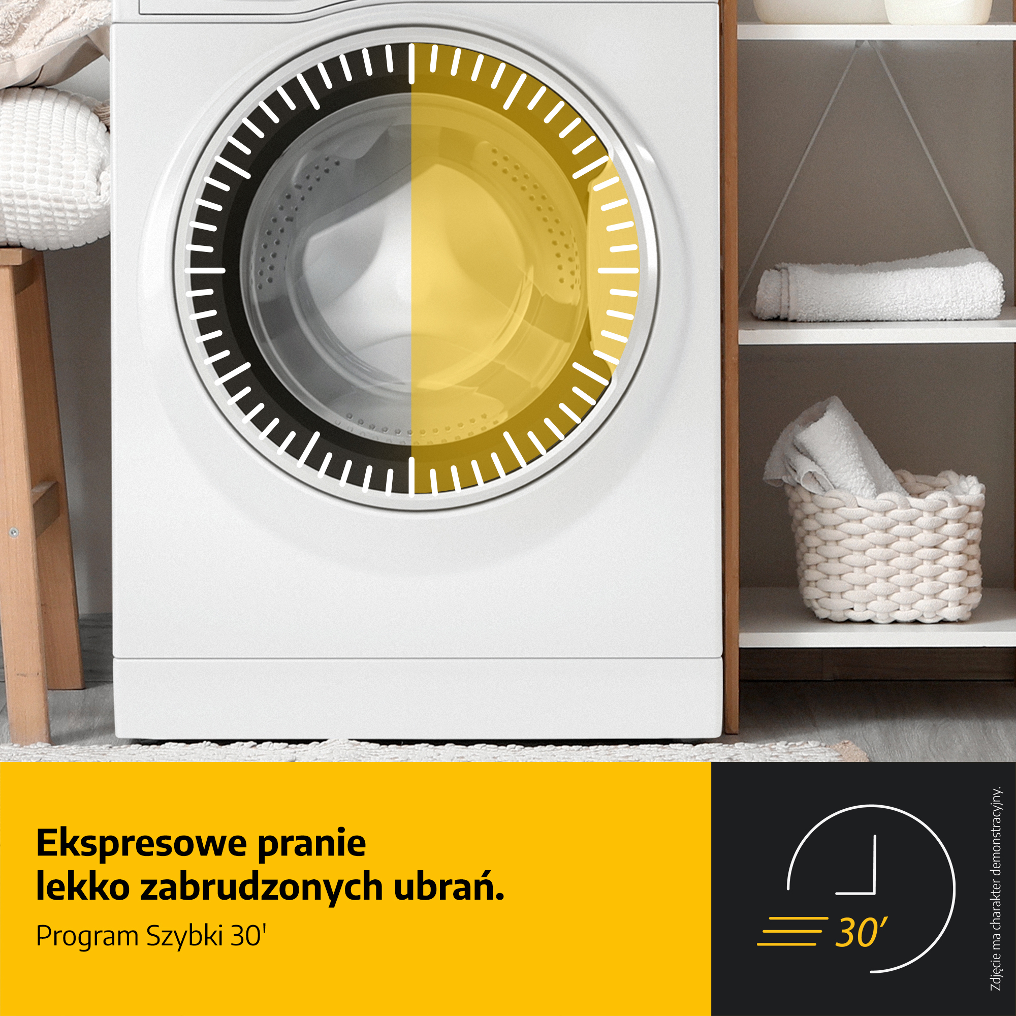 Pralka z timerem 30 minut. Tekst: 'Ekspresowe pranie lekko zabrudzonych ubrań'.