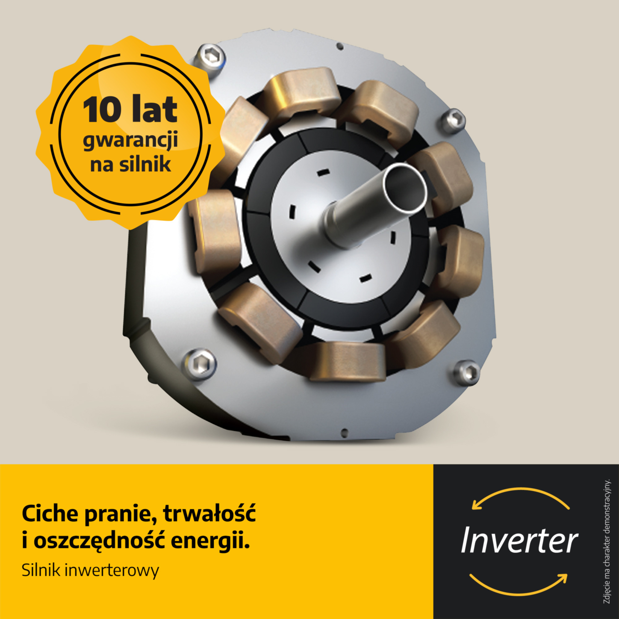 Obraz przedstawia silnik z 10-letnią gwarancją, tekst o cichym praniu i oszczędzaniu energii oraz logo 'Inverter'.