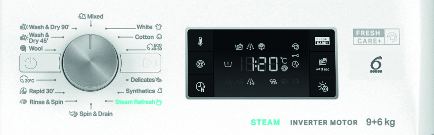 Panel sterowania pralki z pokrętłem, wyświetlacz cyfrowy 18:20 i różne ikony programów.