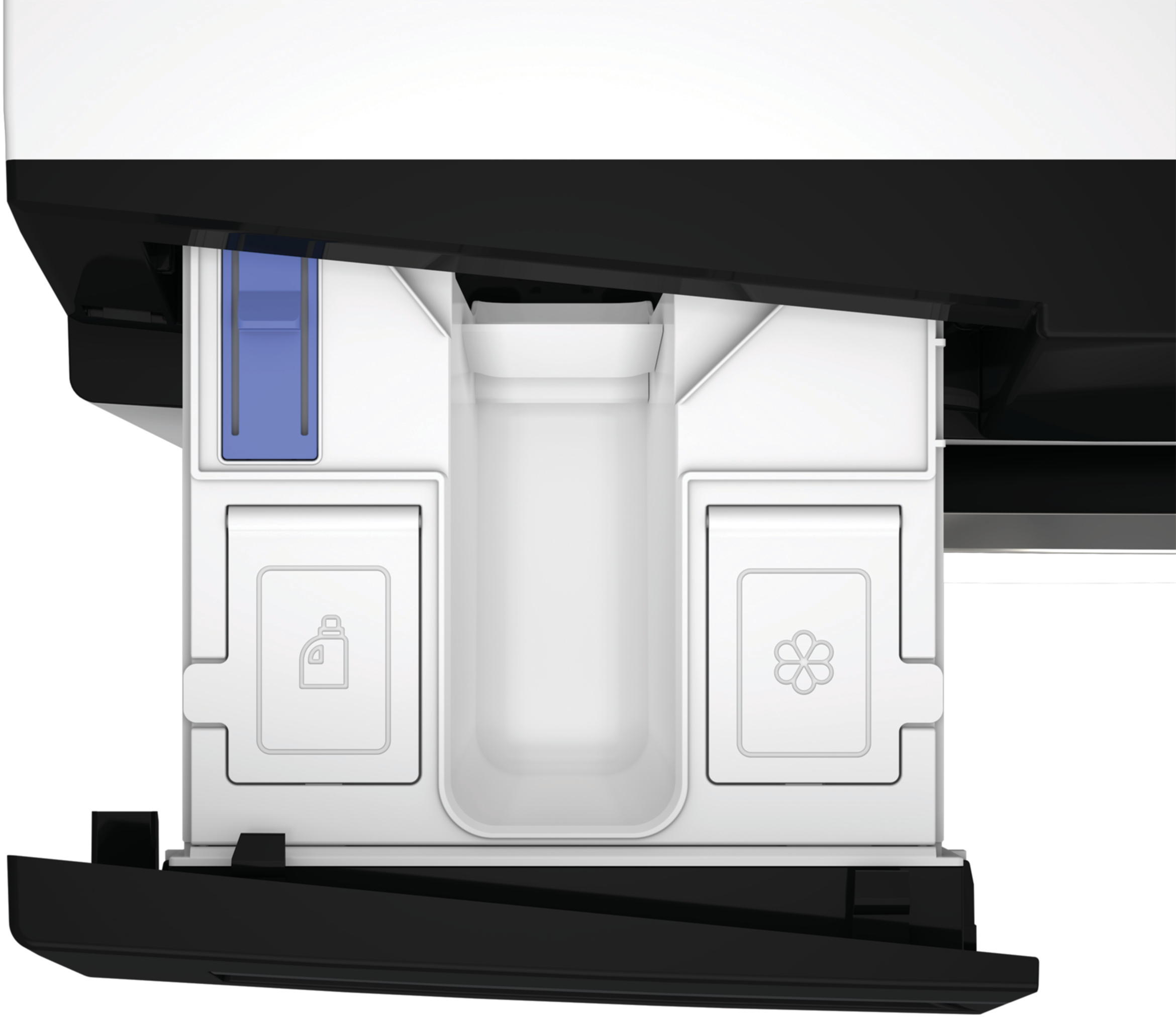 Zbliżenie szuflady na detergent pralki. Jest biała z czarnym wykończeniem. Zawiera przegródki i symbole.