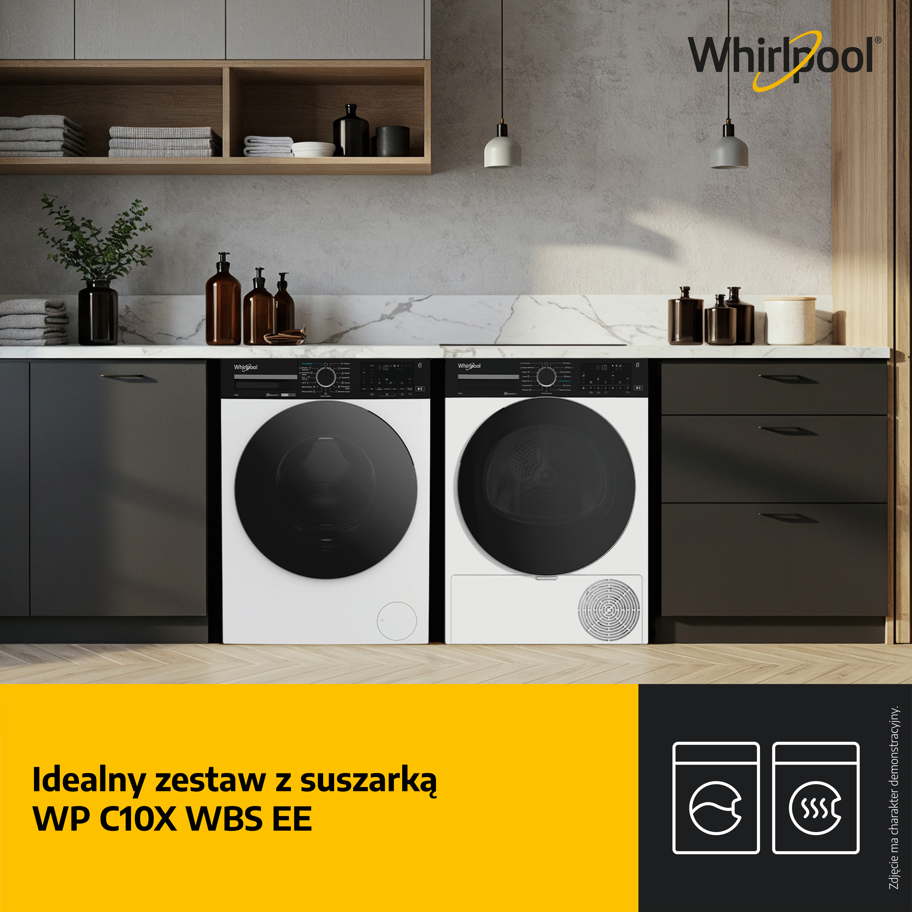 Dwa suszarki Whirlpool są wyświetlane w otoczeniu kuchni. Obraz zawiera tekst i logo.