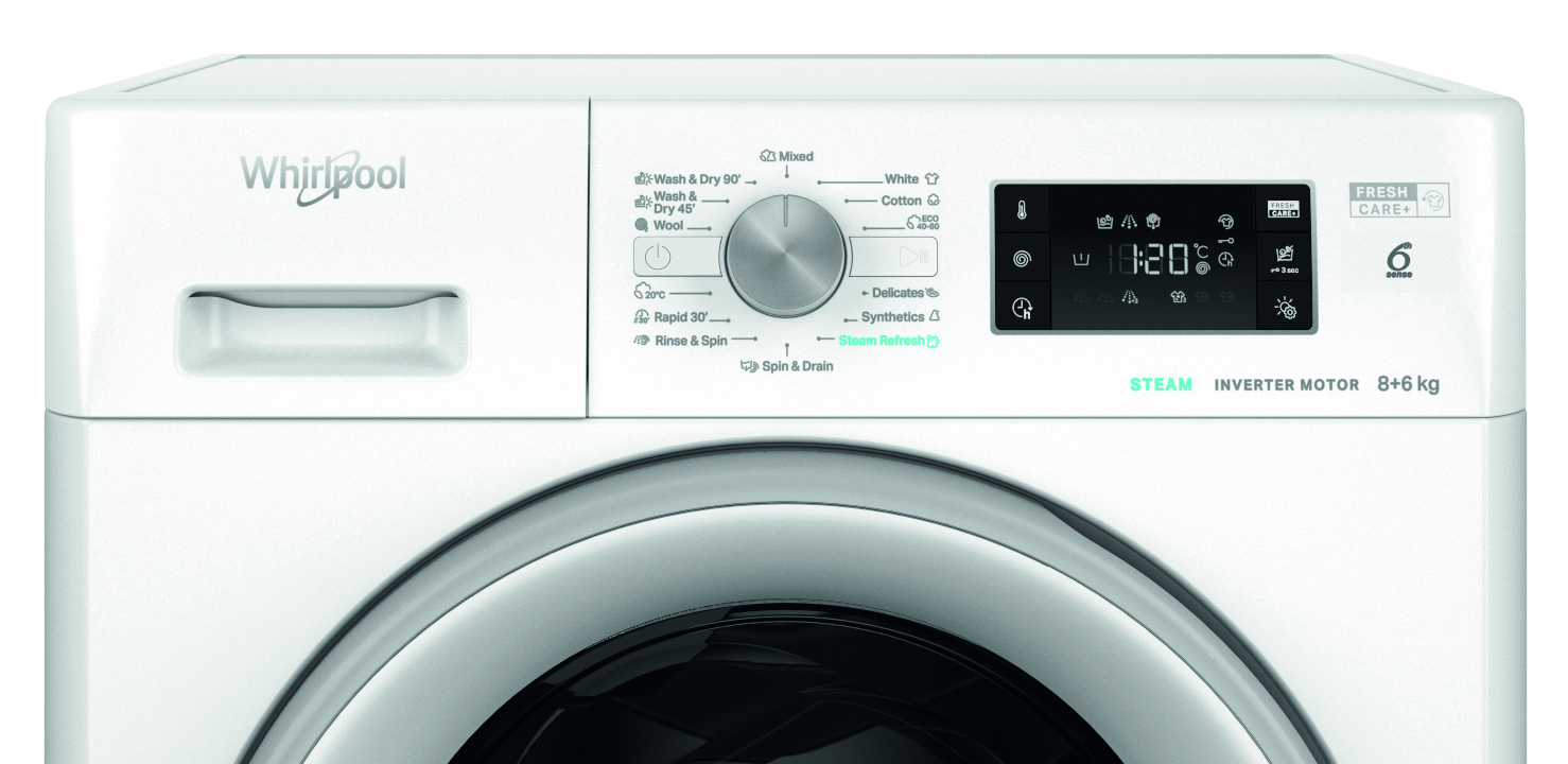 Biała pralka Whirlpool. Ma panel sterowania z pokrętłem, przyciskami i cyfrowym wyświetlaczem czasu i ustawień.