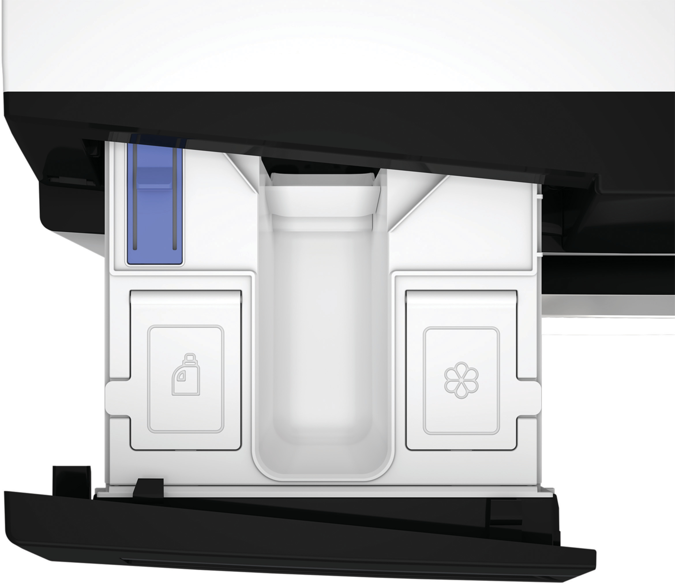Zbliżenie szuflady na detergent w pralce. Jest biała z czarnymi akcentami. Są przegródki i ikony.