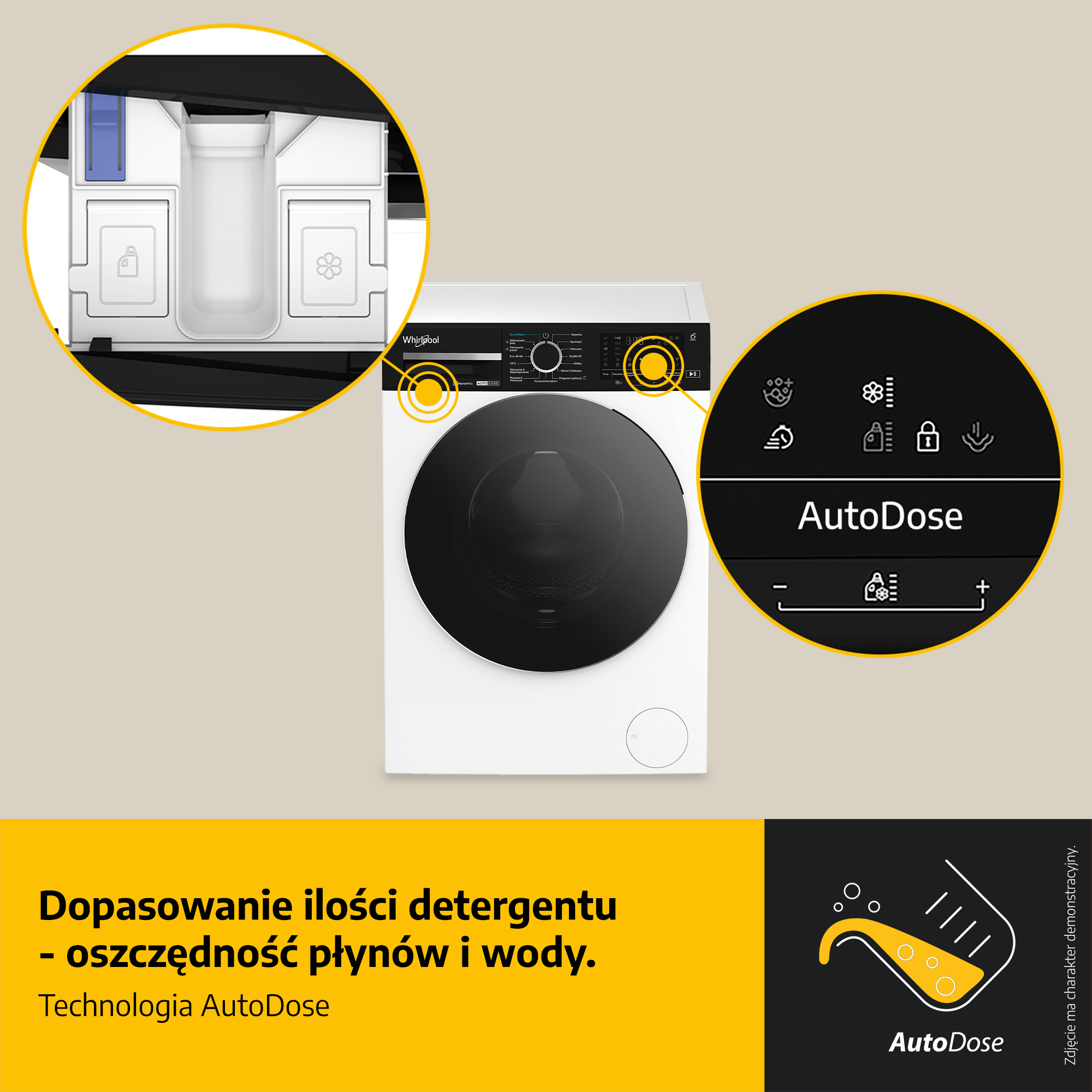 Biała pralka Whirlpool z czarnymi elementami. Wyróżniono szczegóły przegródek na detergent i ustawienia AutoDose.