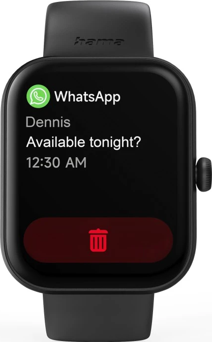 Montre connectée noire affichant une notification WhatsApp de Dennis : 'Dispo ce soir ?' avec une icône de corbeille.