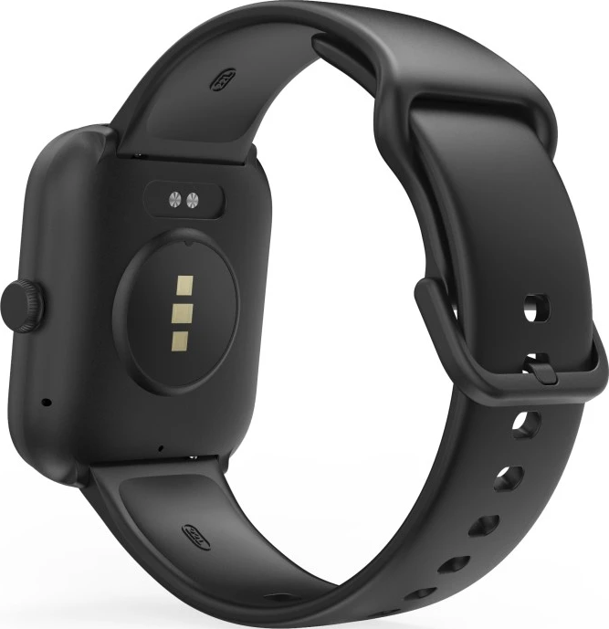 Vue arrière d'une montre intelligente noire. Montre le cadran avec des capteurs et un bouton. Le bracelet est noir avec des trous et une boucle.