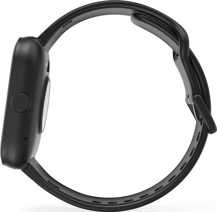 Vue latérale d'une montre intelligente noire. La montre a un bouton rond et un bracelet noir. La sangle est attachée.