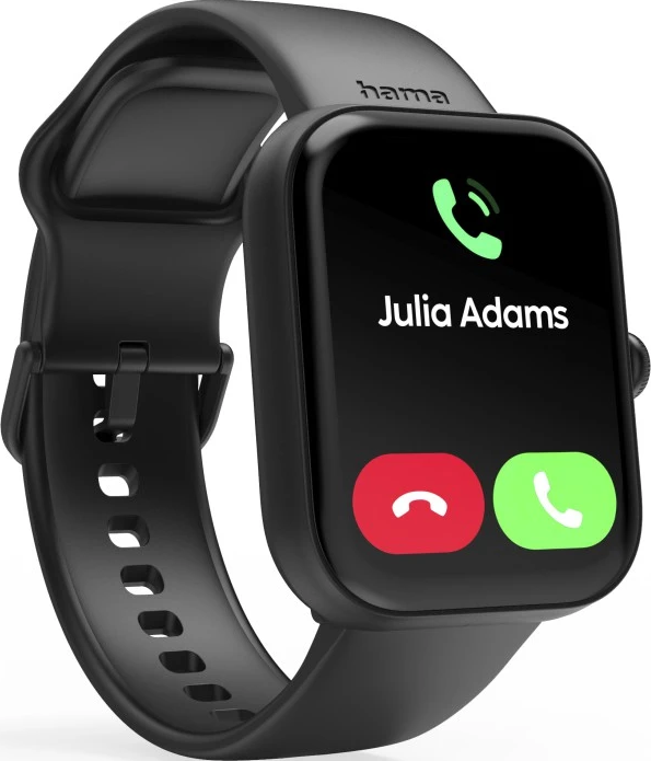 Montre intelligente noire affichant un appel entrant de 'Julia Adams'. Elle a un bouton vert pour accepter l'appel et un bouton rouge pour le refuser.