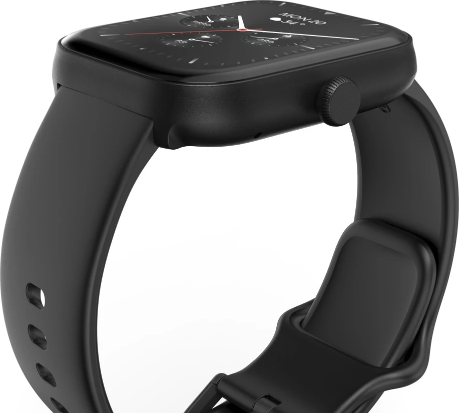 Une smartwatch noire est affichée. La montre a un écran rectangulaire avec un bracelet noir. Le cadran affiche l'heure et la date.