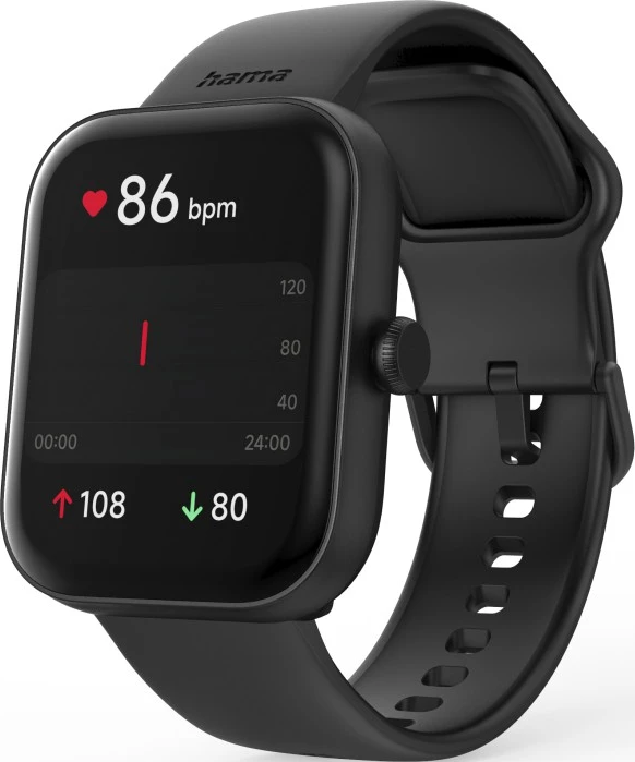La smartwatch noire affiche la fréquence cardiaque à 86 bpm. La montre affiche des statistiques supplémentaires. Logo Hama sur le bracelet.