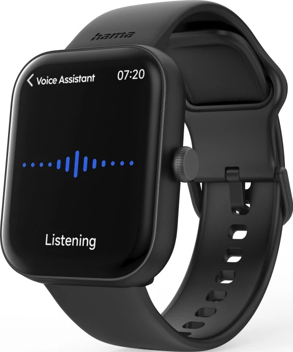 Montre connectée noire avec interface d'assistant vocal, affichant 'Listening'. L'écran affiche un graphique d'onde sonore bleu et l'heure 07:20.