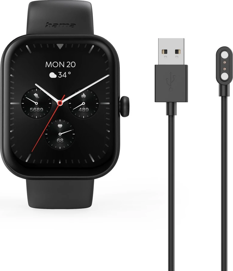 Montre connectée noire avec chargeur. La montre affiche date, température et mesures. Le chargeur a une extrémité USB et magnétique.