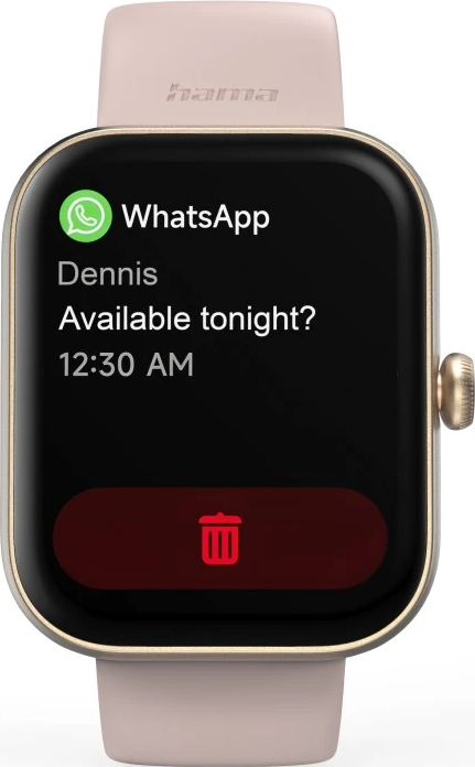 La smartwatch affiche un message WhatsApp de Dennis : 'Disponible ce soir ?' à 12h30. Une icône de corbeille est visible.