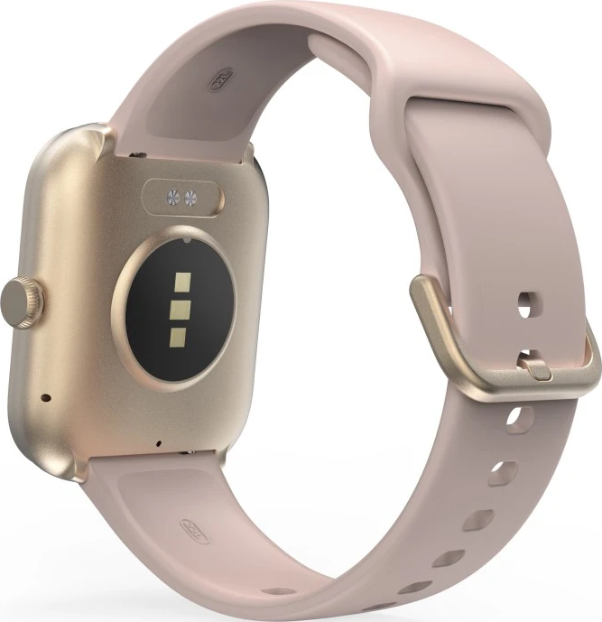 Une montre intelligente or rose avec un bracelet rose clair est affichée. Le cadran est noir et le bracelet a une boucle dorée.