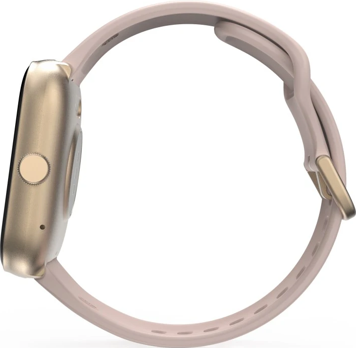 Vue latérale d'une montre intelligente avec un boîtier doré et un bracelet rose clair. Le bracelet est fixé avec une boucle dorée.