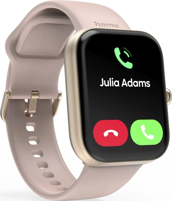 Une montre connectée affiche un appel de "Julia Adams". Elle a un écran noir avec des icônes d'appel et un bracelet rose.