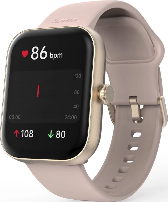 Une montre connectée affiche la fréquence cardiaque à 86 bpm. Elle a un bracelet rose clair et un boîtier doré. L'écran affiche l'heure et les statistiques.