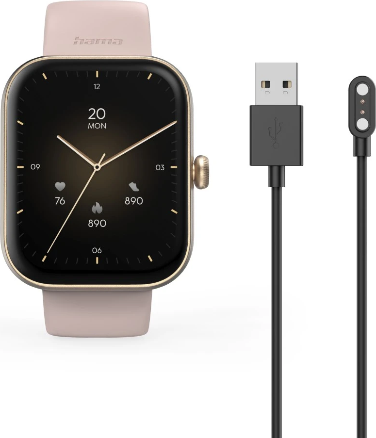 Une montre connectée avec un bracelet rose et un écran noir. Un chargeur avec port USB et connecteur magnétique est à côté.