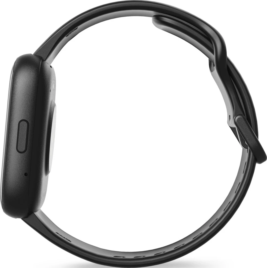 Une montre connectée noire. Le cadran est à gauche, avec un bouton sur le côté. Le bracelet est connecté et attaché à droite.