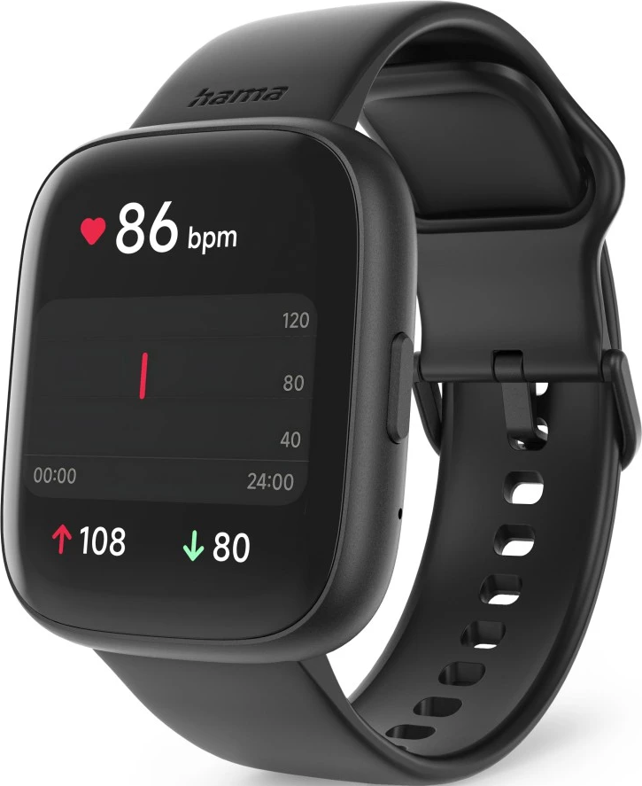 Smartwatch noire affichant une fréquence cardiaque de 86 bpm. Affiche les données d'activité avec flèches et graphique. Logo Hama visible.