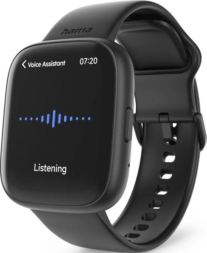 Montre connectée noire affichant 'Listening' avec une onde audio bleue. Le bracelet est également noir. Le logo Hama est visible.