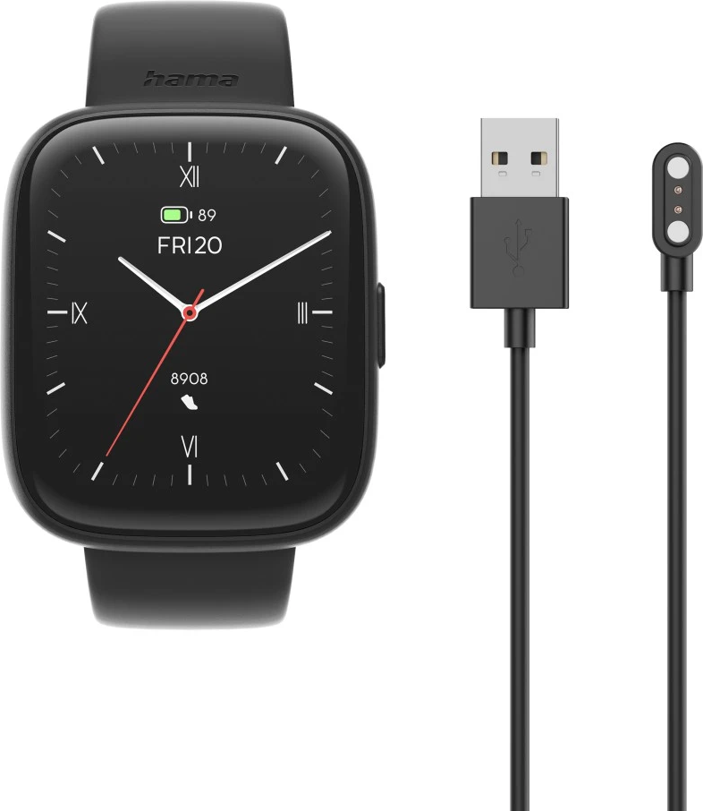 Montre connectée noire avec câble de charge et connecteur USB. Le cadran affiche l'heure, la date et le niveau de batterie.