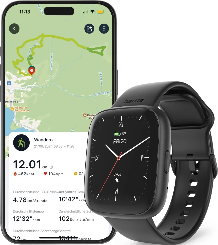 Un smartphone affiche une carte de randonnée à côté d'une smartwatch noire, montrant des données d'activité comme la distance, les calories et la fréquence cardiaque.