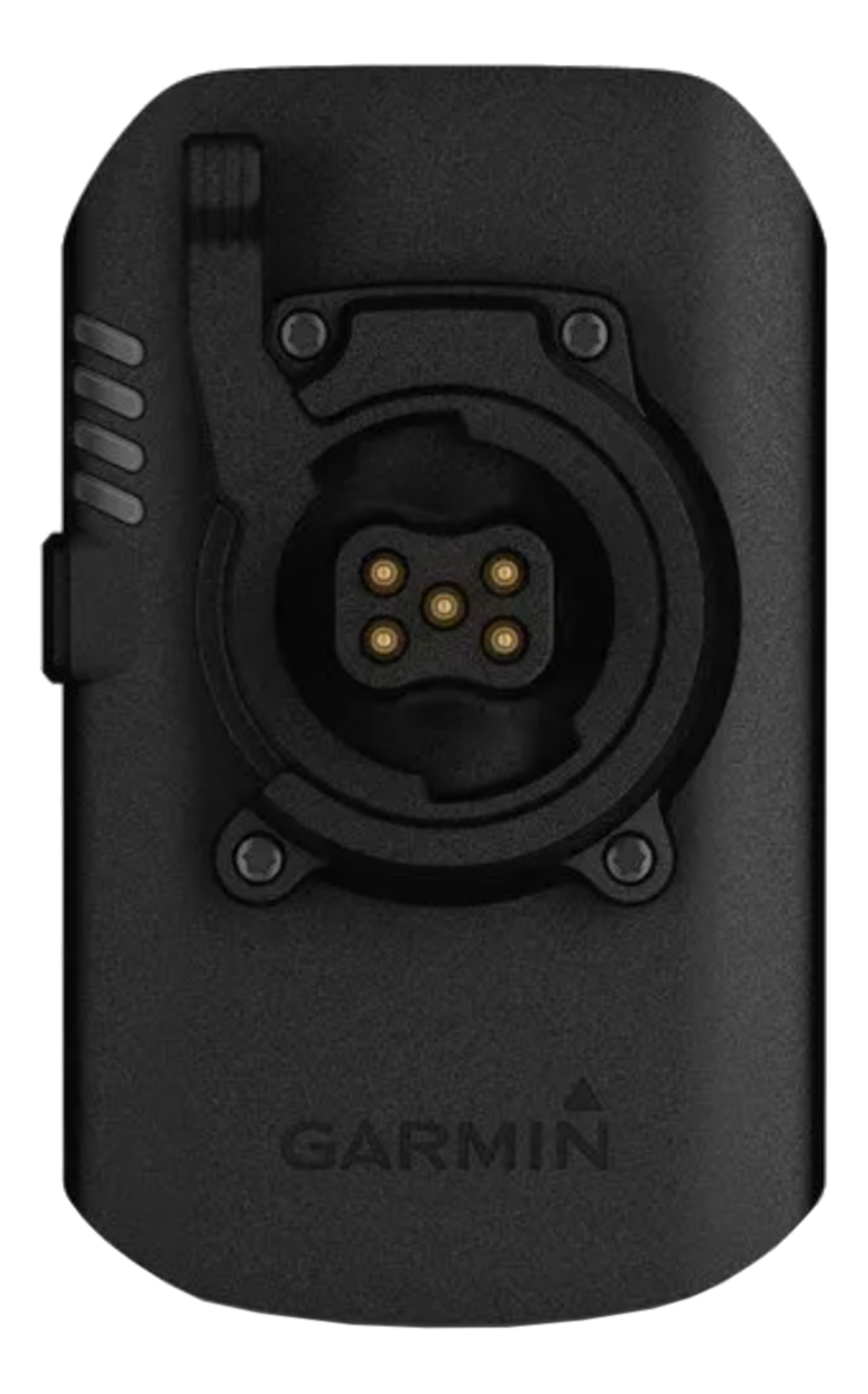 Retro del dispositivo Garmin nero. Presenta un connettore centrale con pin dorati, circondato da una cornice circolare e quattro viti.