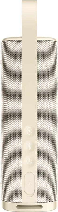 Un altoparlante cilindrico beige con manico. Ha lati in rete, pulsanti Bluetooth e di alimentazione e un indicatore di carica.