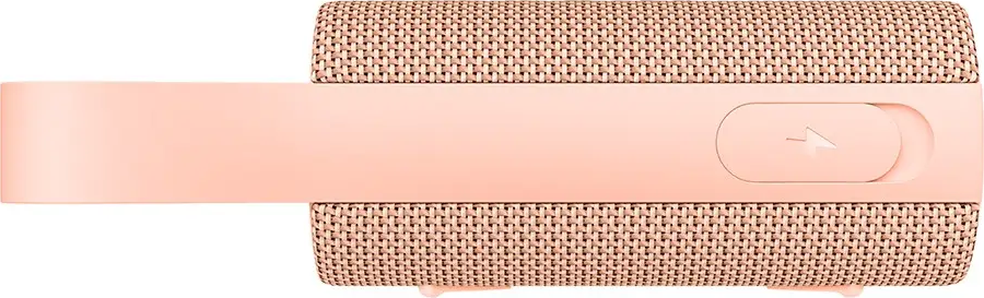 Un altoparlante rosa con un motivo intrecciato. Una barra rosa con un pulsante di accensione al centro.