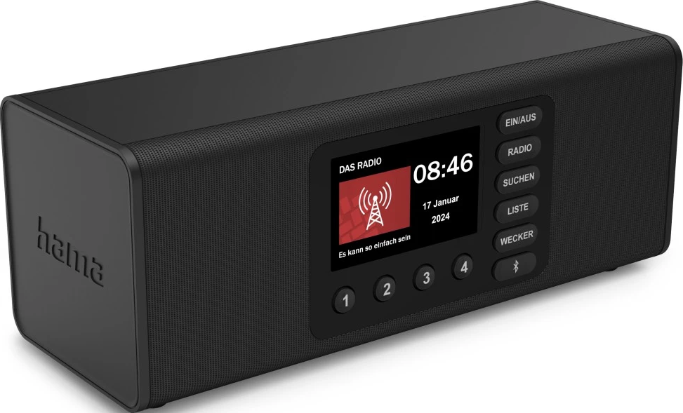 Une radio Hama noire avec un écran affichant l'heure et les informations de la station de radio. Elle possède des boutons pour diverses fonctions.