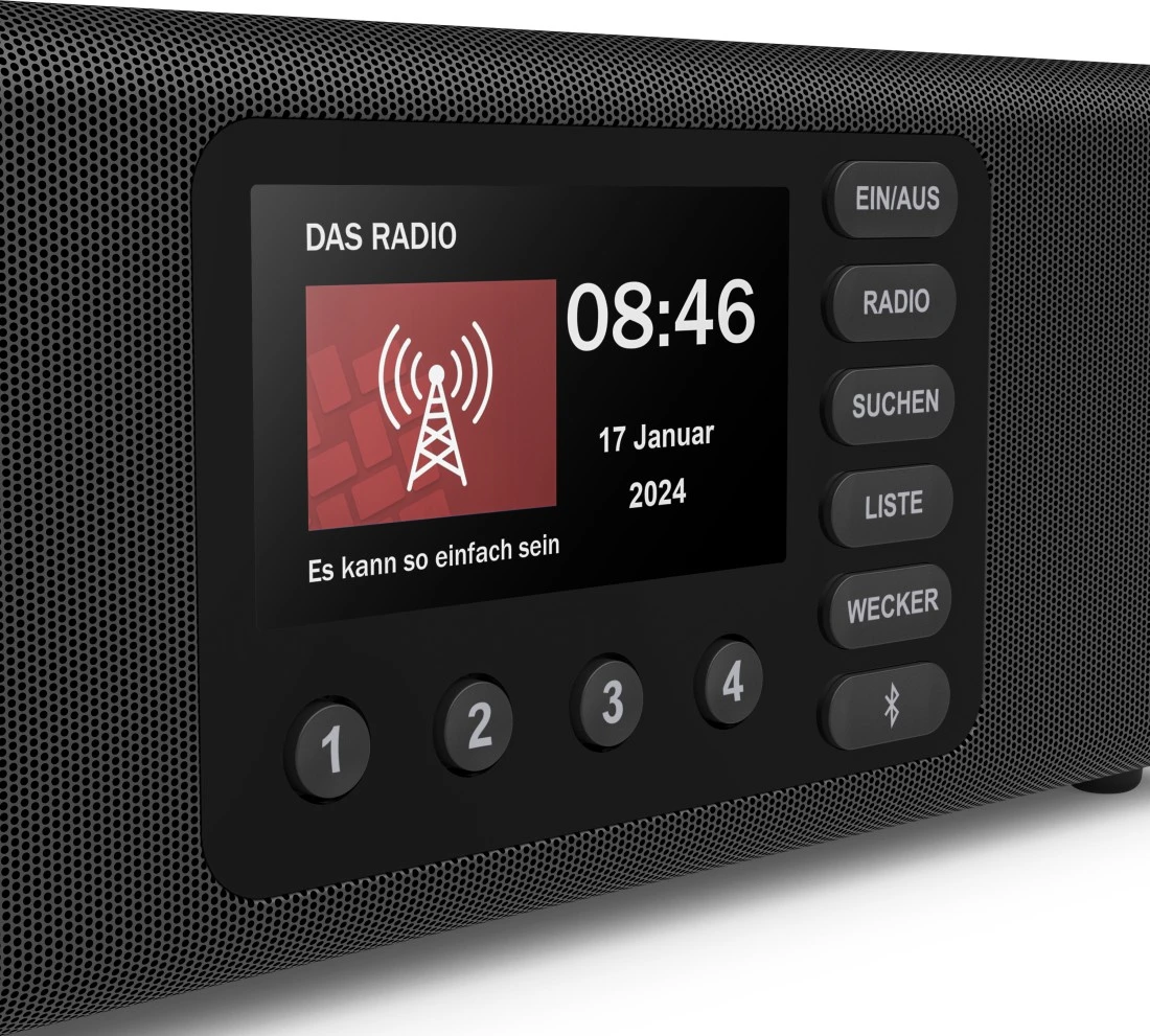 Une radio noire avec un écran affichant l'heure, la date et une icône de signal radio. Boutons et grille de haut-parleur visibles.