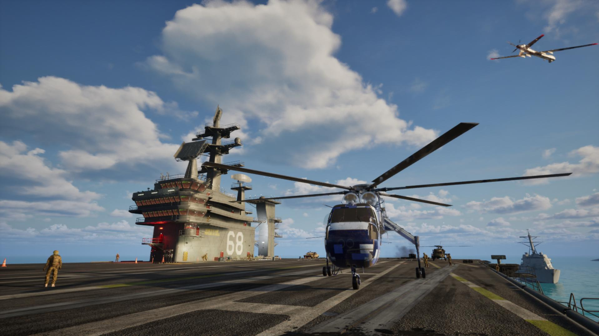Ein Flugzeugträger mit einem Hubschrauber im Vordergrund. Ein Flugzeug fliegt darüber. Soldaten und andere Flugzeuge sind vorhanden.