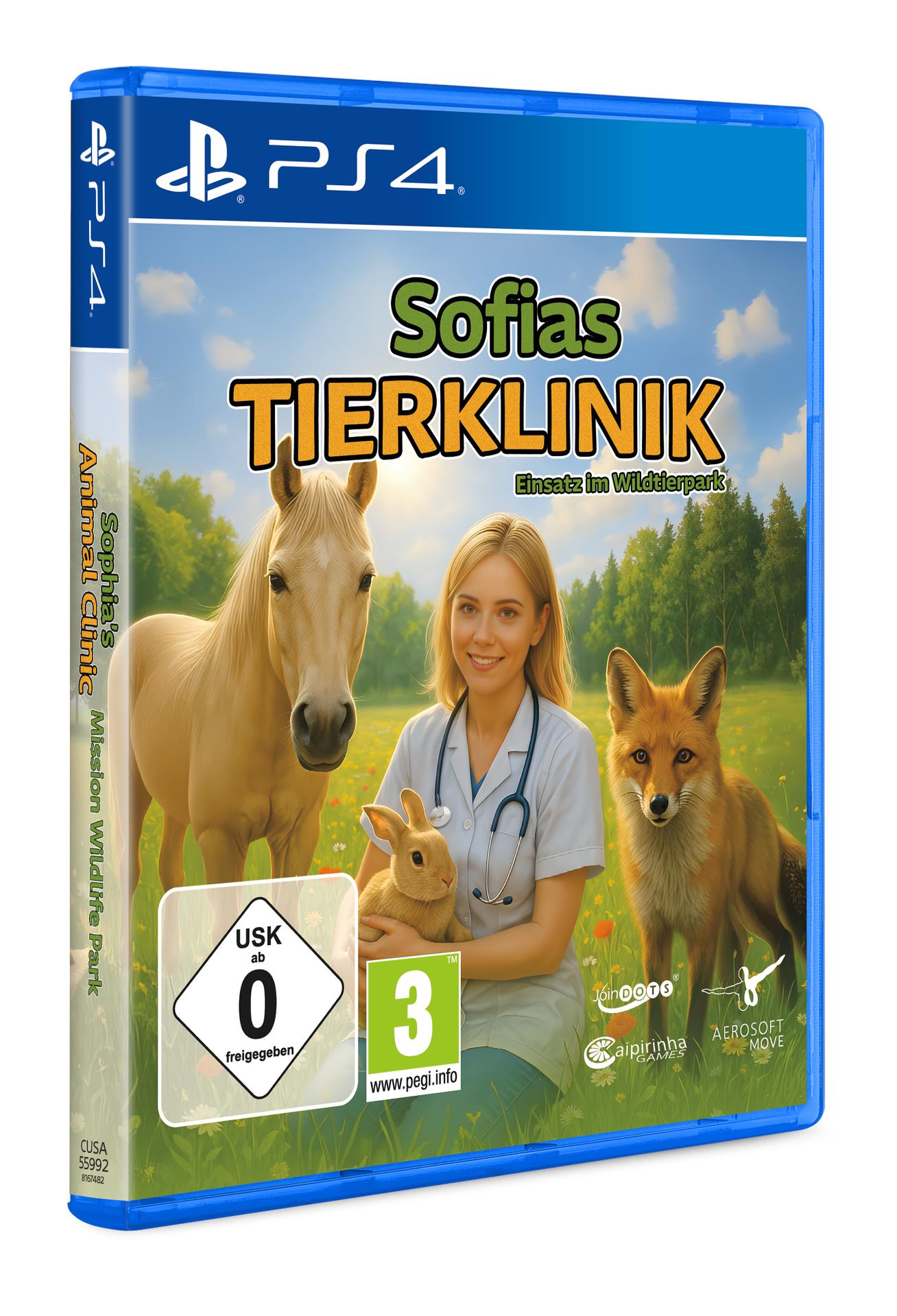 Spielcover. Frau mit Stethoskop hält Kaninchen, Pferd und Fuchs. Spieletitel: Sofias Tierklinik.
