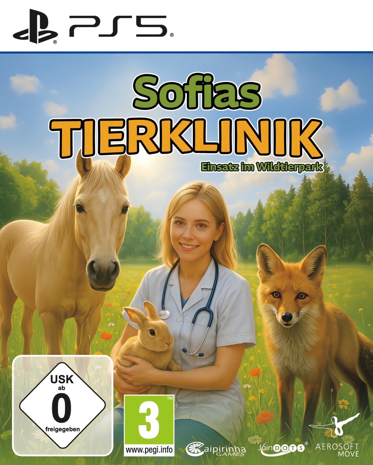 Spiel-Cover: Tierärztin mit Kaninchen, Pferd und Fuchs. Titel: 'Sofias Tierklinik'. Hintergrund: Grün.
