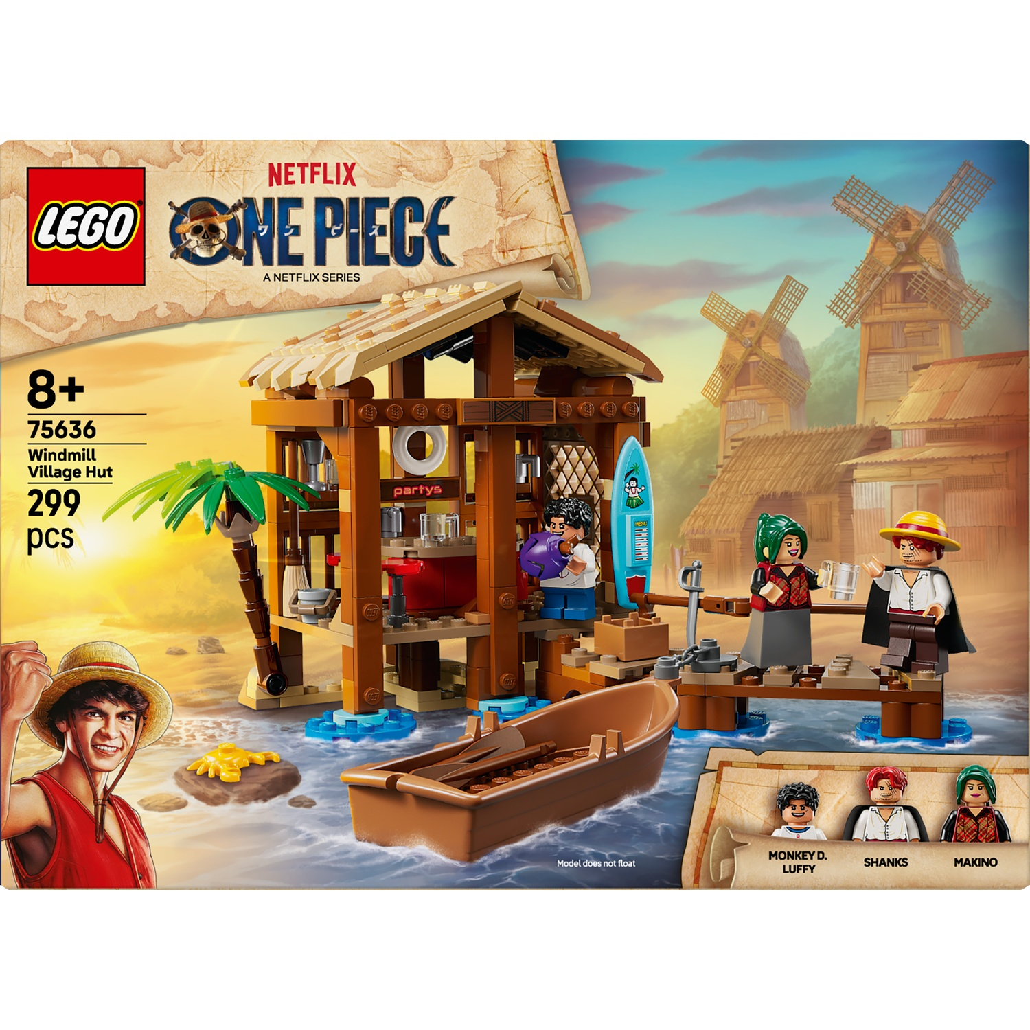 Lego set: One Piece Windmill Village Hut. Met personages, een hut, een boot en windmolens op de achtergrond. De doos zegt Netflix.