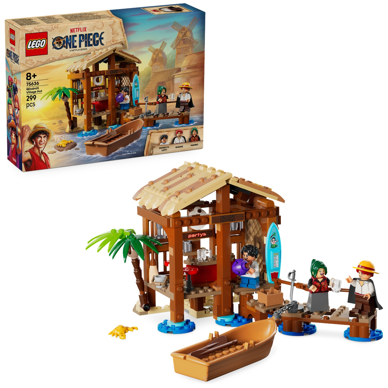 Lego set met een hut, figuren en een boot. De doos toont een vergelijkbare scène. Figuren zijn onder andere Monkey D. Luffy en Shanks.