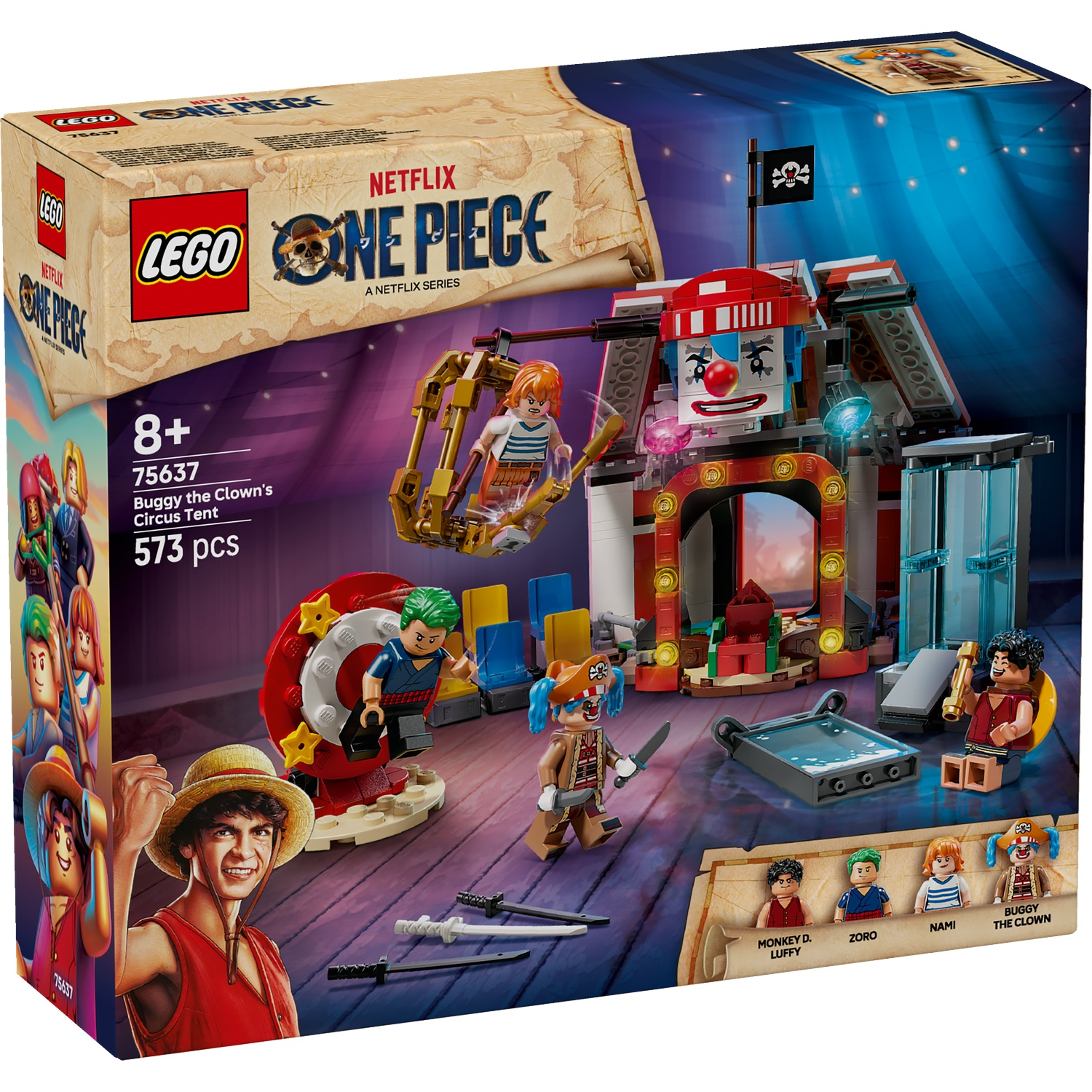 LEGO One Piece set. Doos toont een circustent met clowngezicht, piratenvlag en minifiguren van Luffy, Zoro, Nami en Buggy.