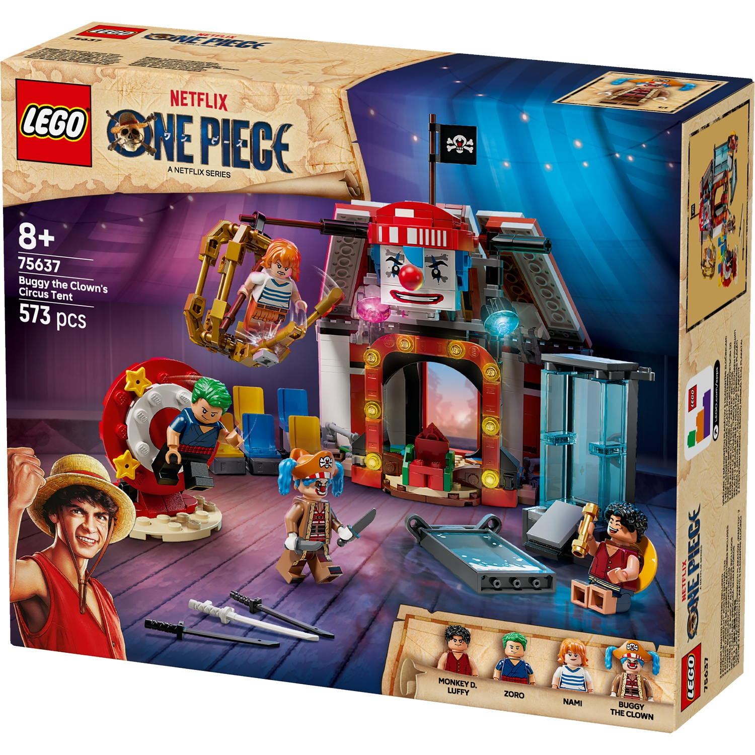 Lego-boxset van Buggy the Clown's Circus Tent. Met Lego-figuren, tentstructuur en het One Piece-logo.