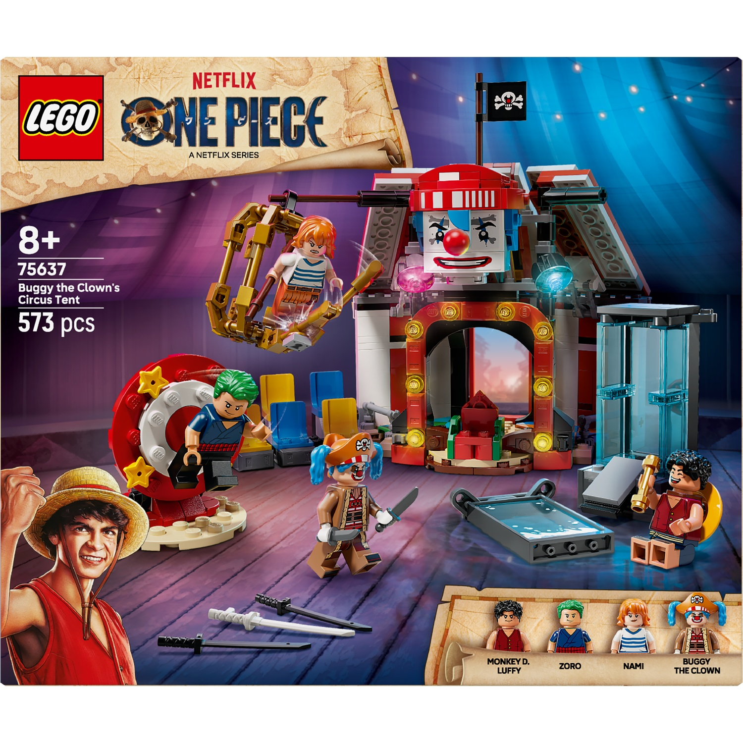 Lego set van One Piece, met Buggy de Clown's circustent, verschillende personages en een piratenvlag. Inclusief Monkey D. Luffy en Zoro.