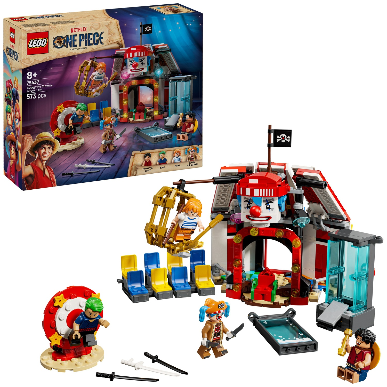 Lego set van Buggy de Clown's Circustent. Inclusief Lego figuren, een circustent en een doos met het Lego One Piece logo.