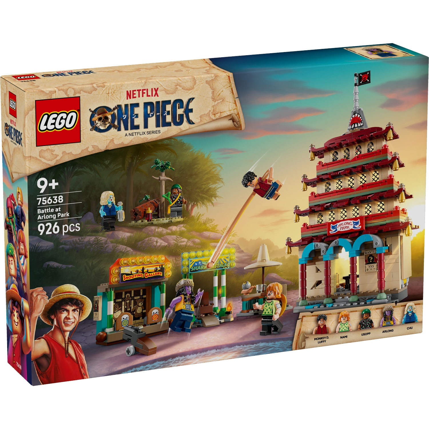 Lego set box. Luffy and others in a scene. The set depicts Arlong Park and characters from One Piece Netflix series.