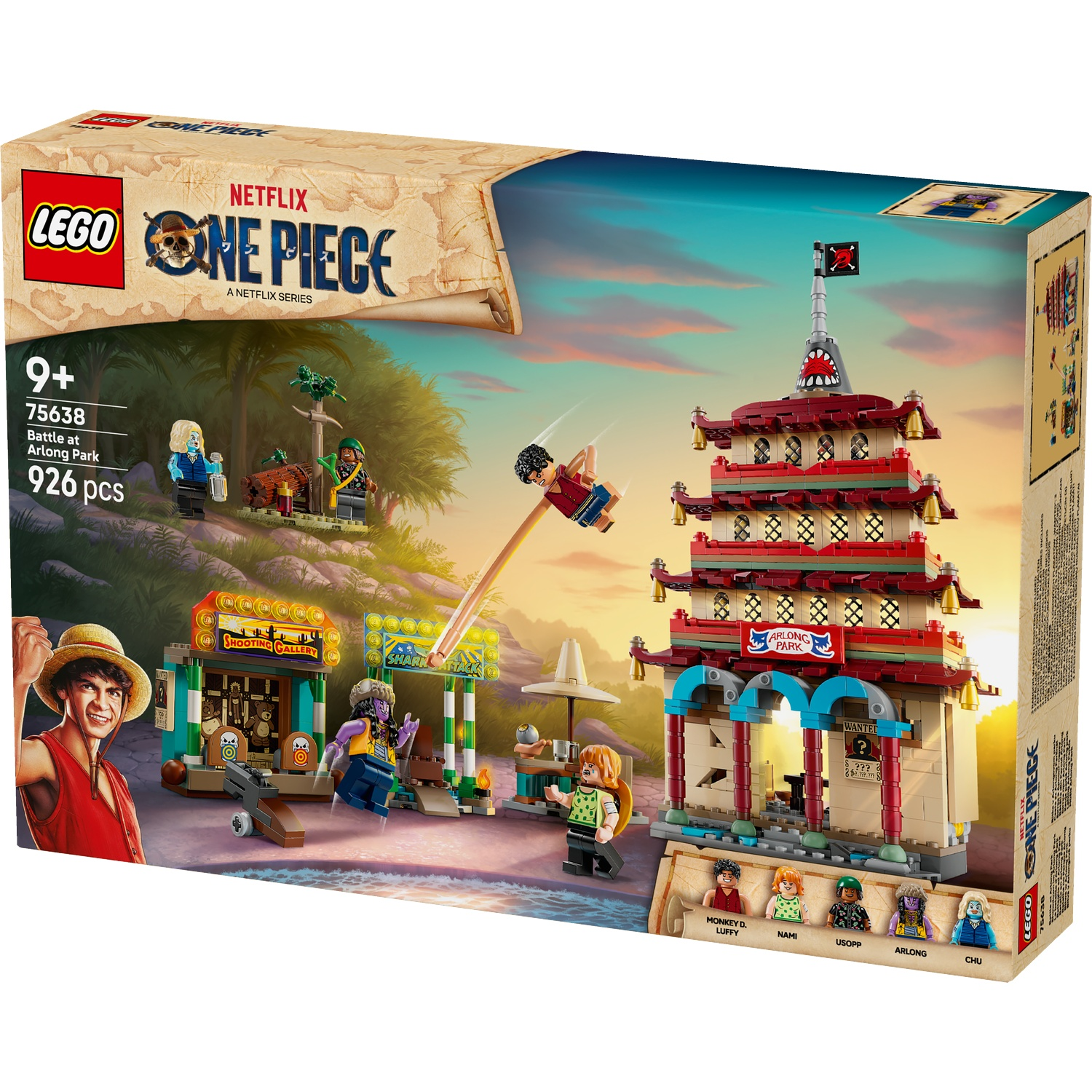 Lego box set of One Piece. Features Luffy, Arlong Park, and other characters. The background has a pagoda, and a shooting gallery.