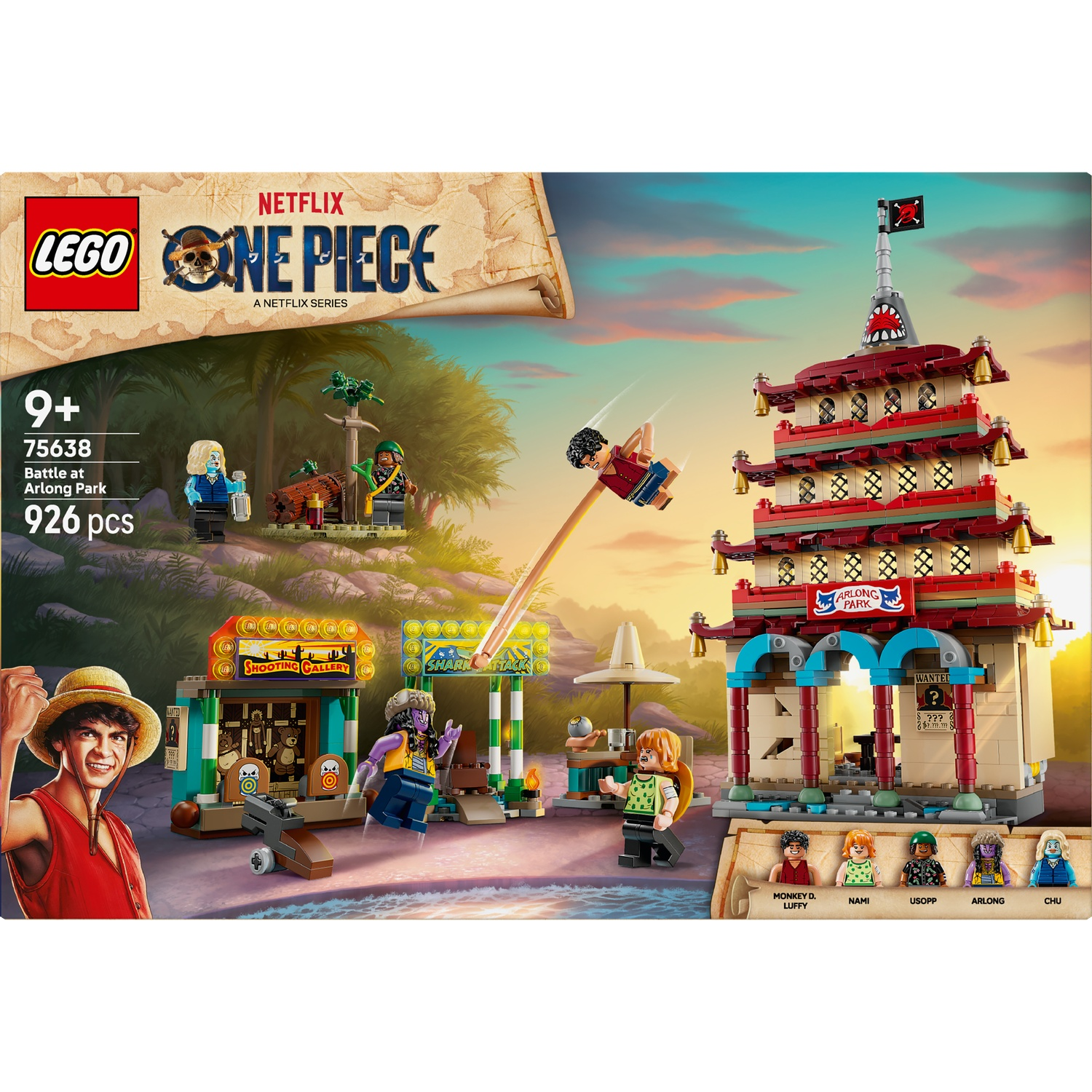 Lego set depicting One Piece scene. Features characters and structures, including a pagoda, shooting gallery, and Shark Attack sign.