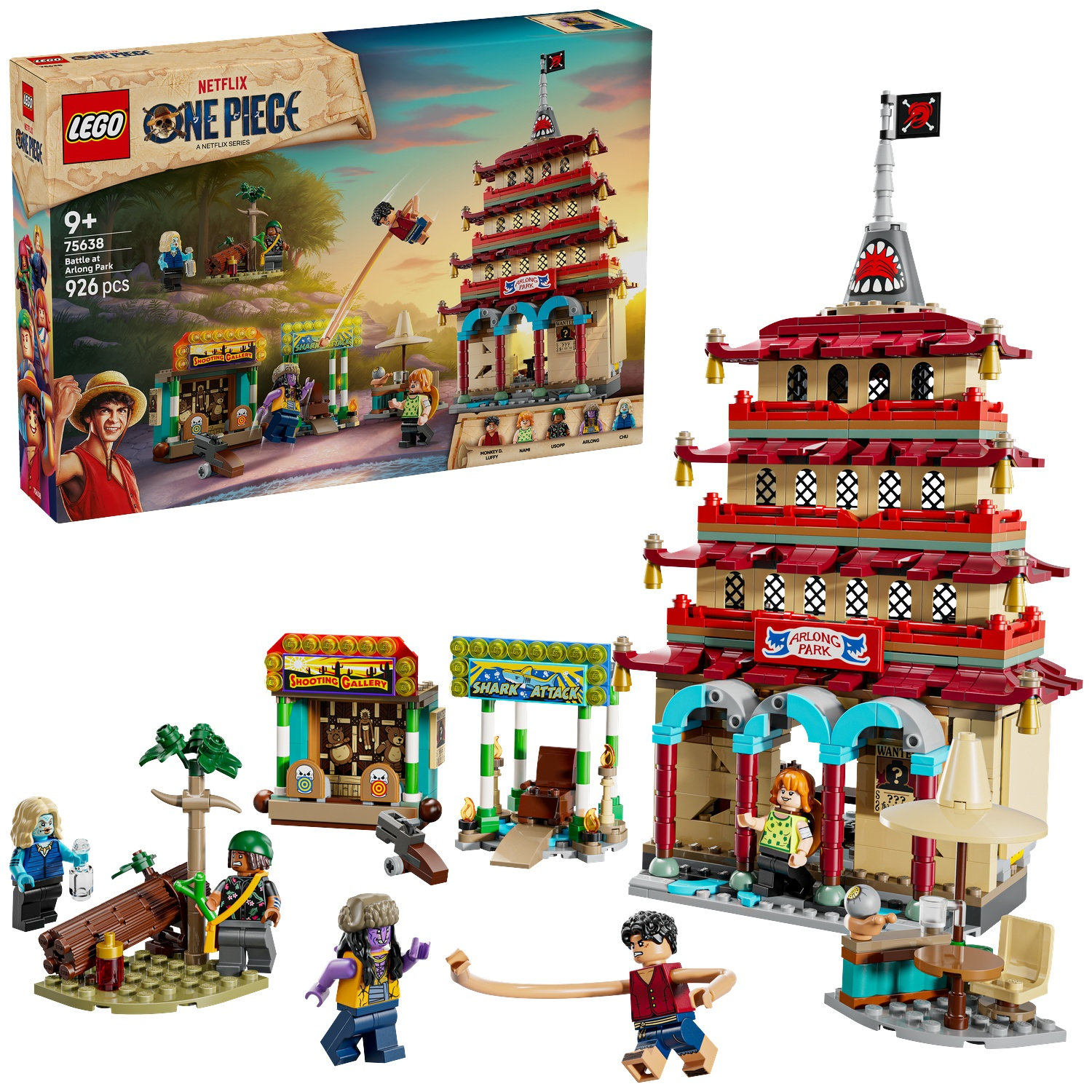 Lego set depicting Arlong Park from One Piece. Includes Lego figures, buildings, and the box. Red and tan building with a shark flag.